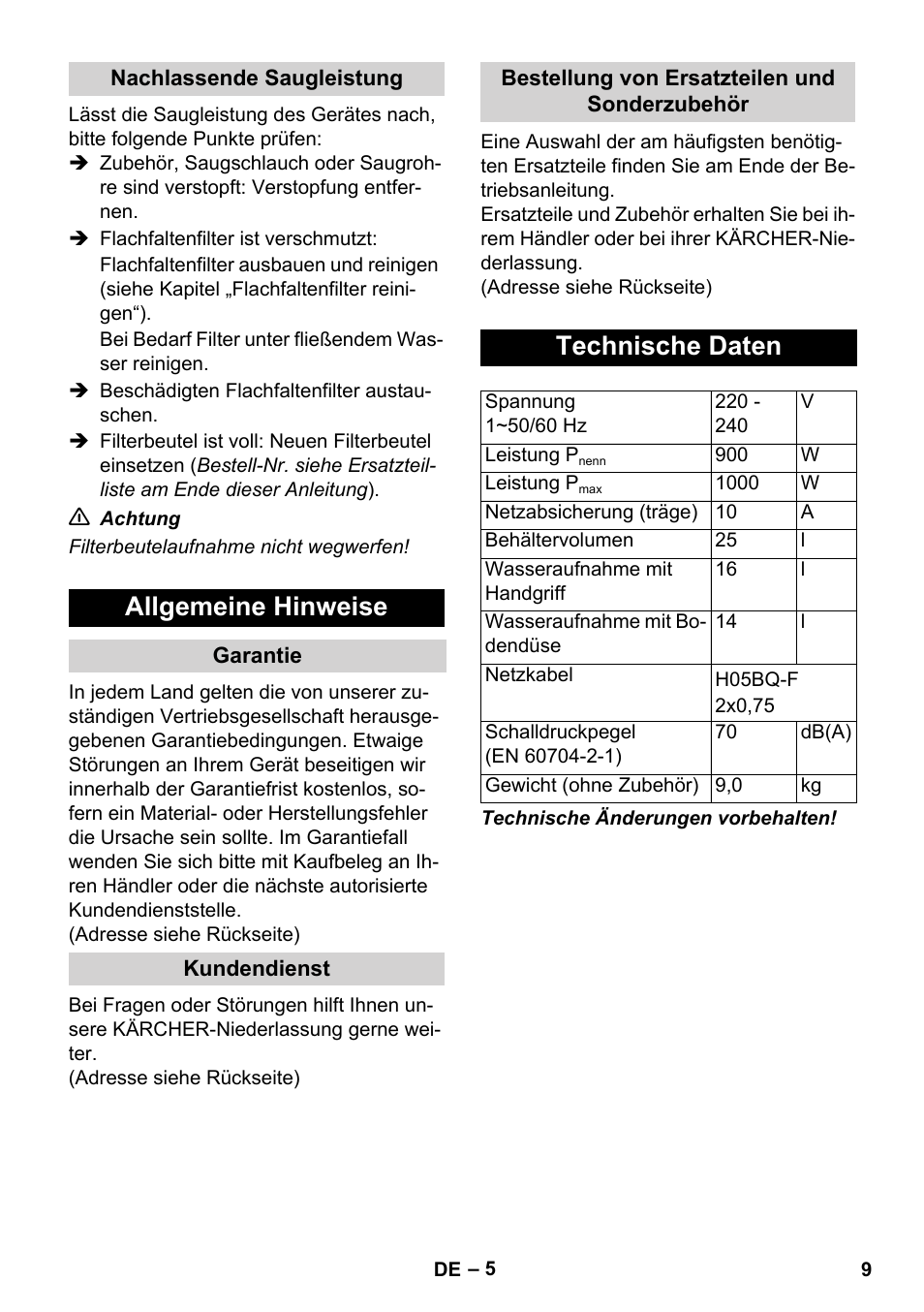 Allgemeine hinweise, Technische daten | Karcher WD 7-800 eco!ogic User Manual | Page 9 / 154