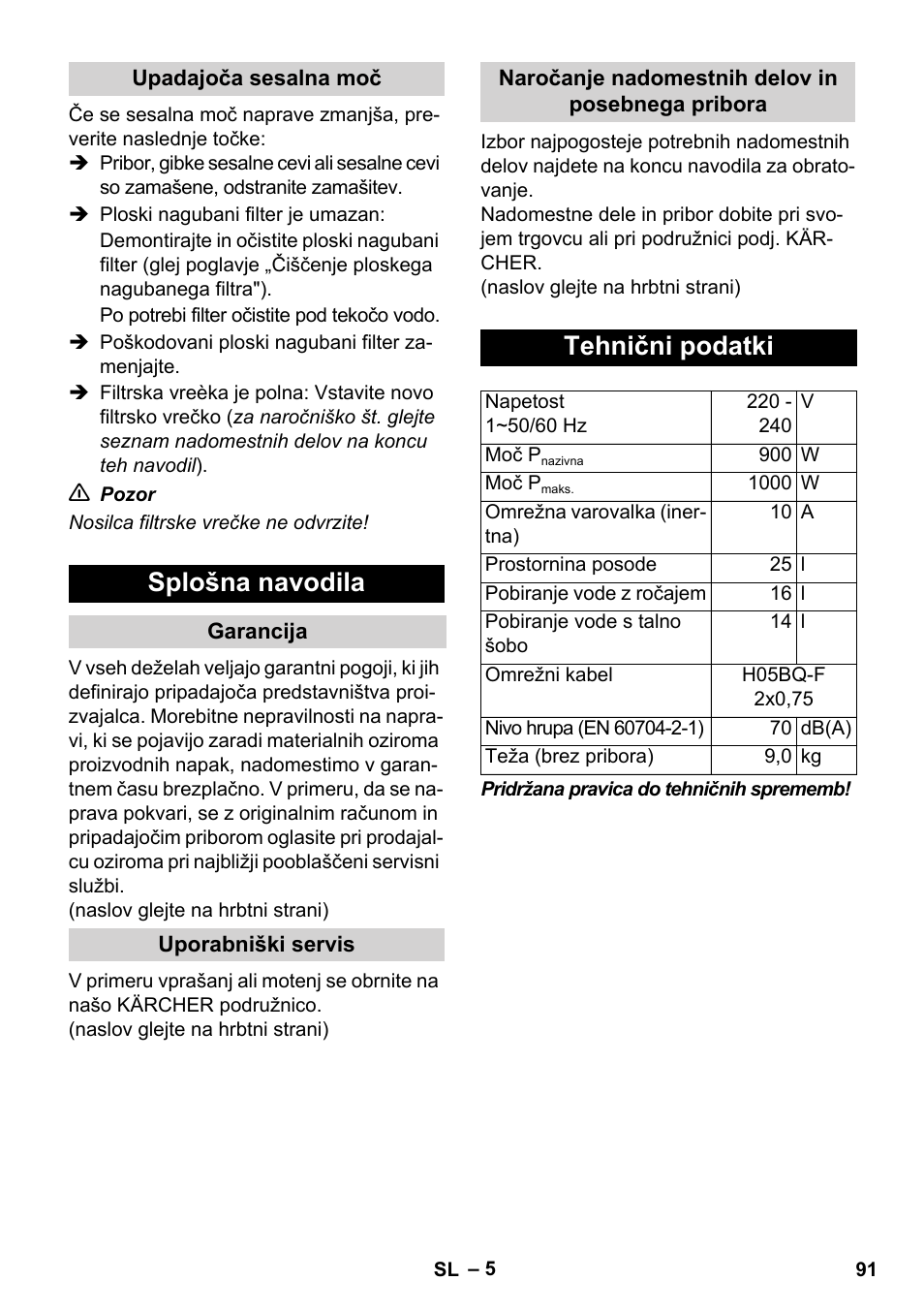 Splošna navodila, Tehnični podatki | Karcher WD 7-800 eco!ogic User Manual | Page 91 / 154