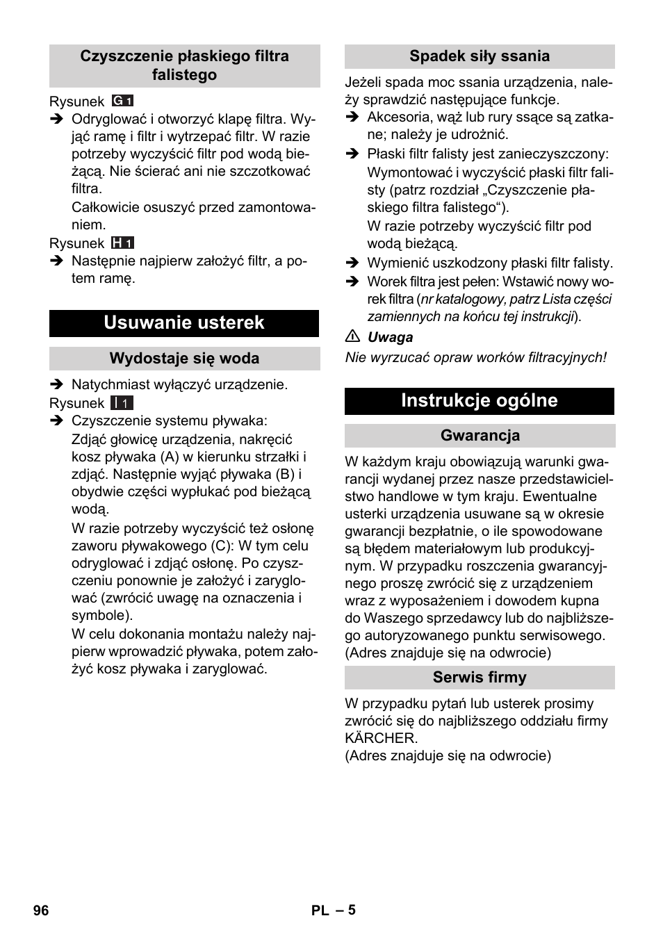 Usuwanie usterek, Instrukcje ogólne | Karcher WD 7-800 eco!ogic User Manual | Page 96 / 154