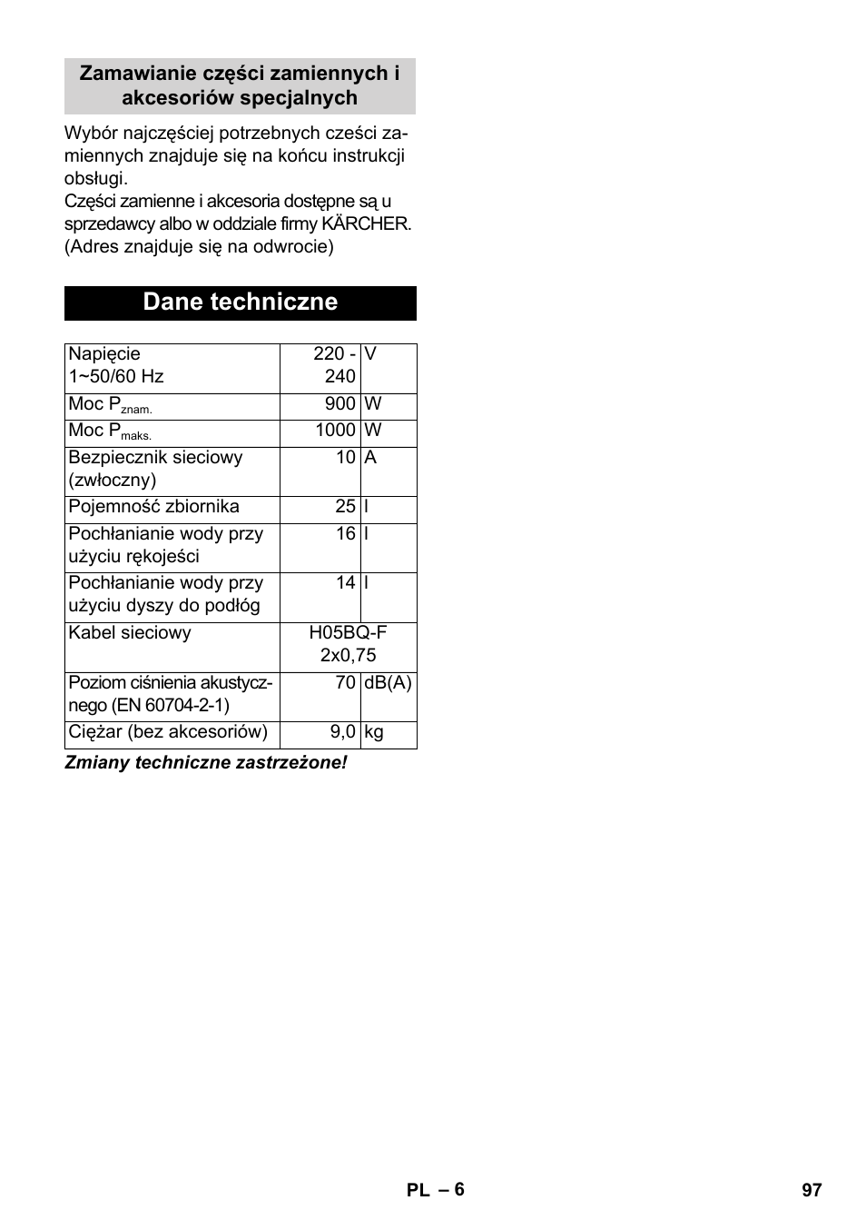 Dane techniczne | Karcher WD 7-800 eco!ogic User Manual | Page 97 / 154