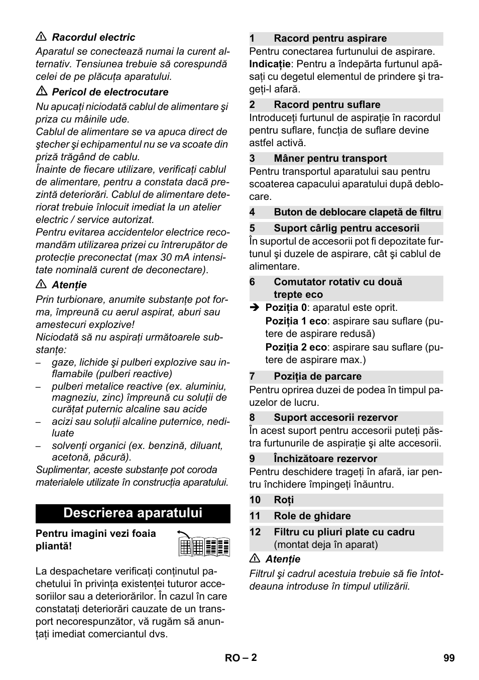 Descrierea aparatului | Karcher WD 7-800 eco!ogic User Manual | Page 99 / 154