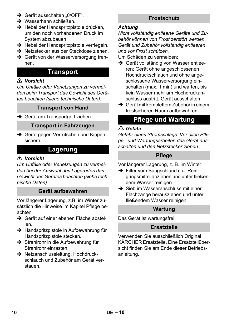 Transport, Transport von hand, Transport in fahrzeugen | Lagerung, Gerät aufbewahren, Frostschutz, Pflege und wartung, Pflege, Wartung, Ersatzteile | Karcher K 2 Car User Manual | Page 10 / 252