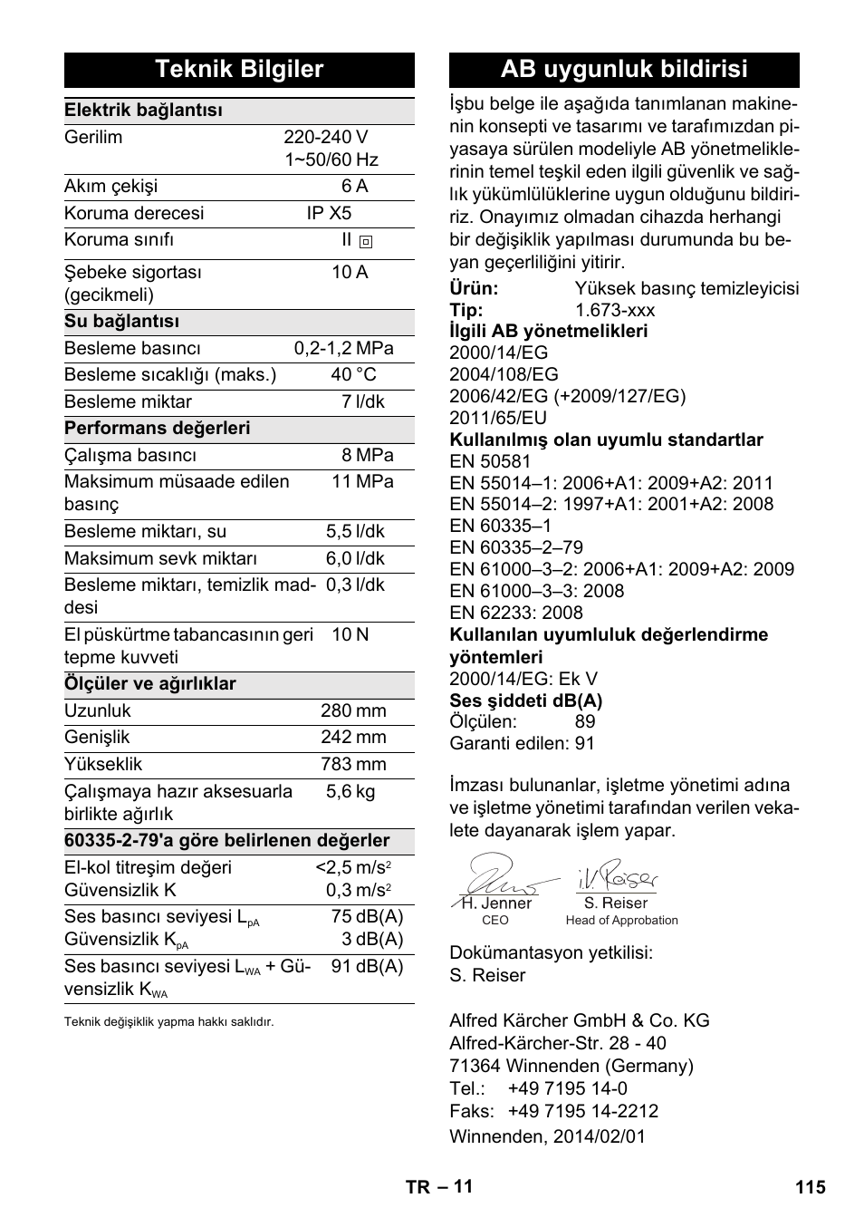 Teknik bilgiler, Ab uygunluk bildirisi | Karcher K 2 Car User Manual | Page 115 / 252