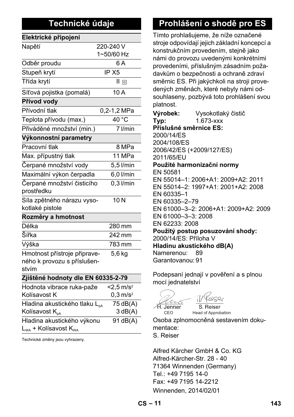 Technické údaje, Prohlášení o shodě pro es | Karcher K 2 Car User Manual | Page 143 / 252