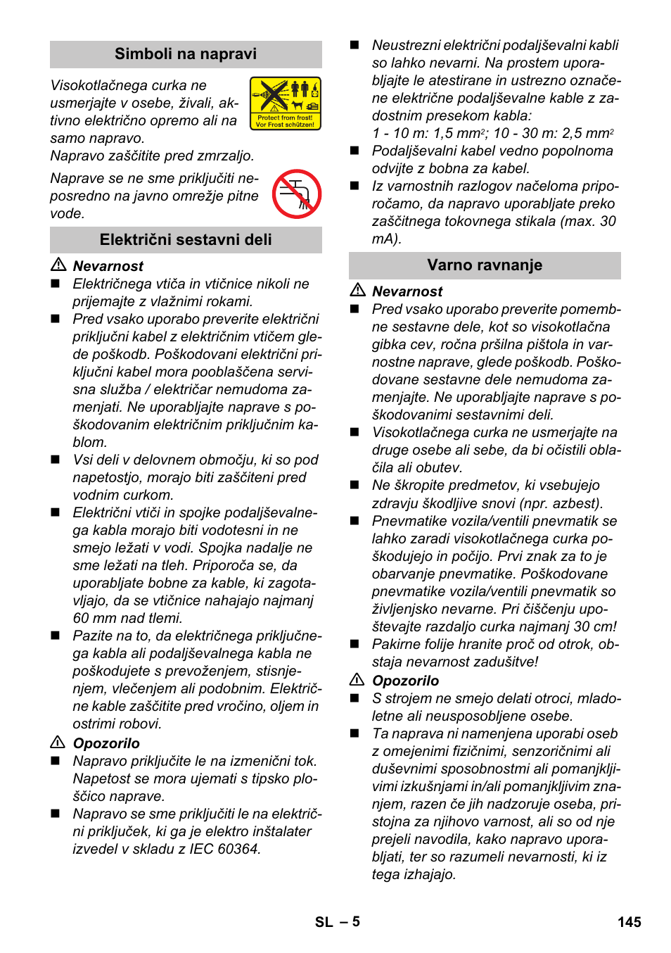 Simboli na napravi, Električni sestavni deli, Varno ravnanje | Karcher K 2 Car User Manual | Page 145 / 252