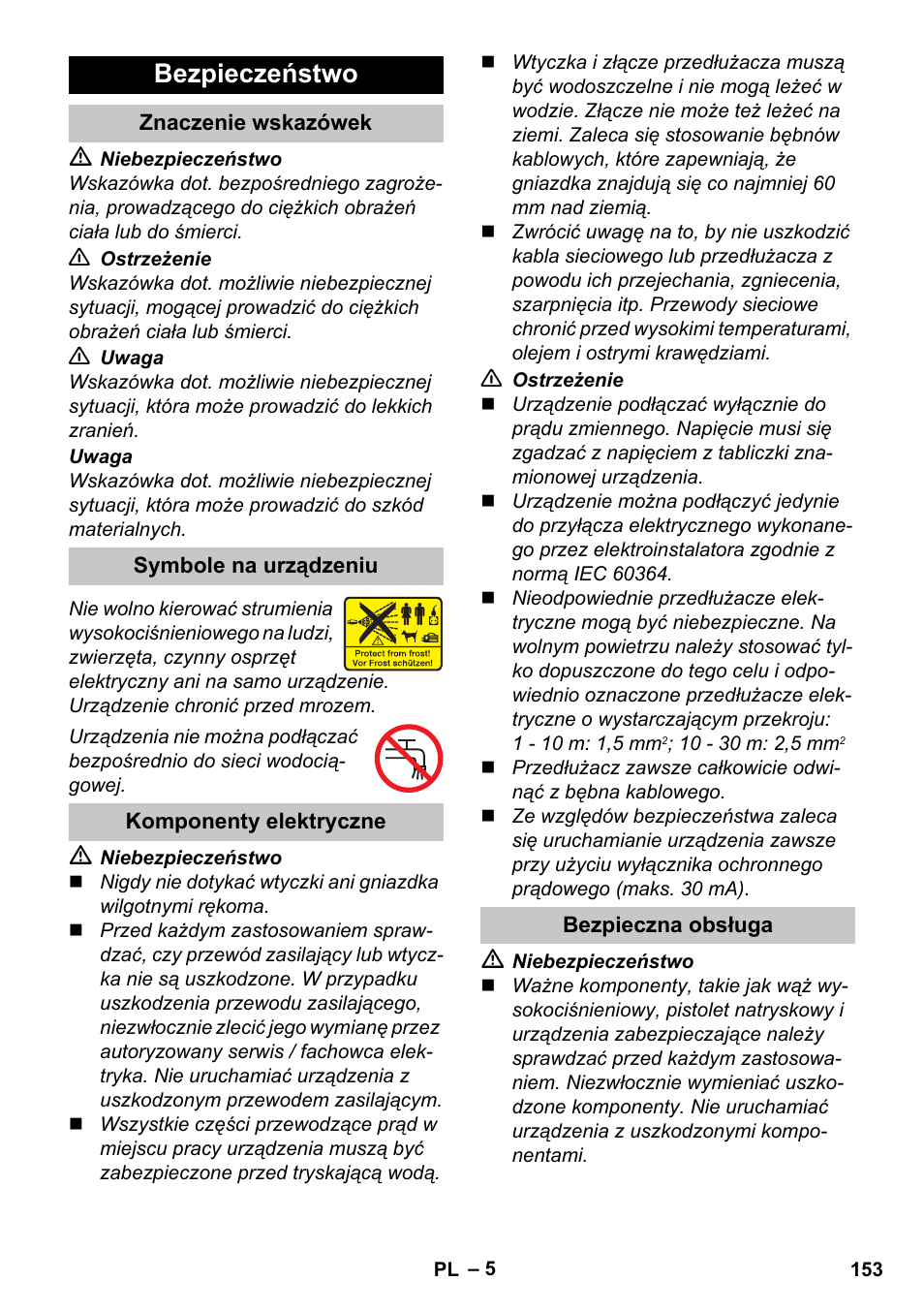 Bezpieczeństwo, Znaczenie wskazówek, Symbole na urządzeniu | Komponenty elektryczne, Bezpieczna obsługa | Karcher K 2 Car User Manual | Page 153 / 252