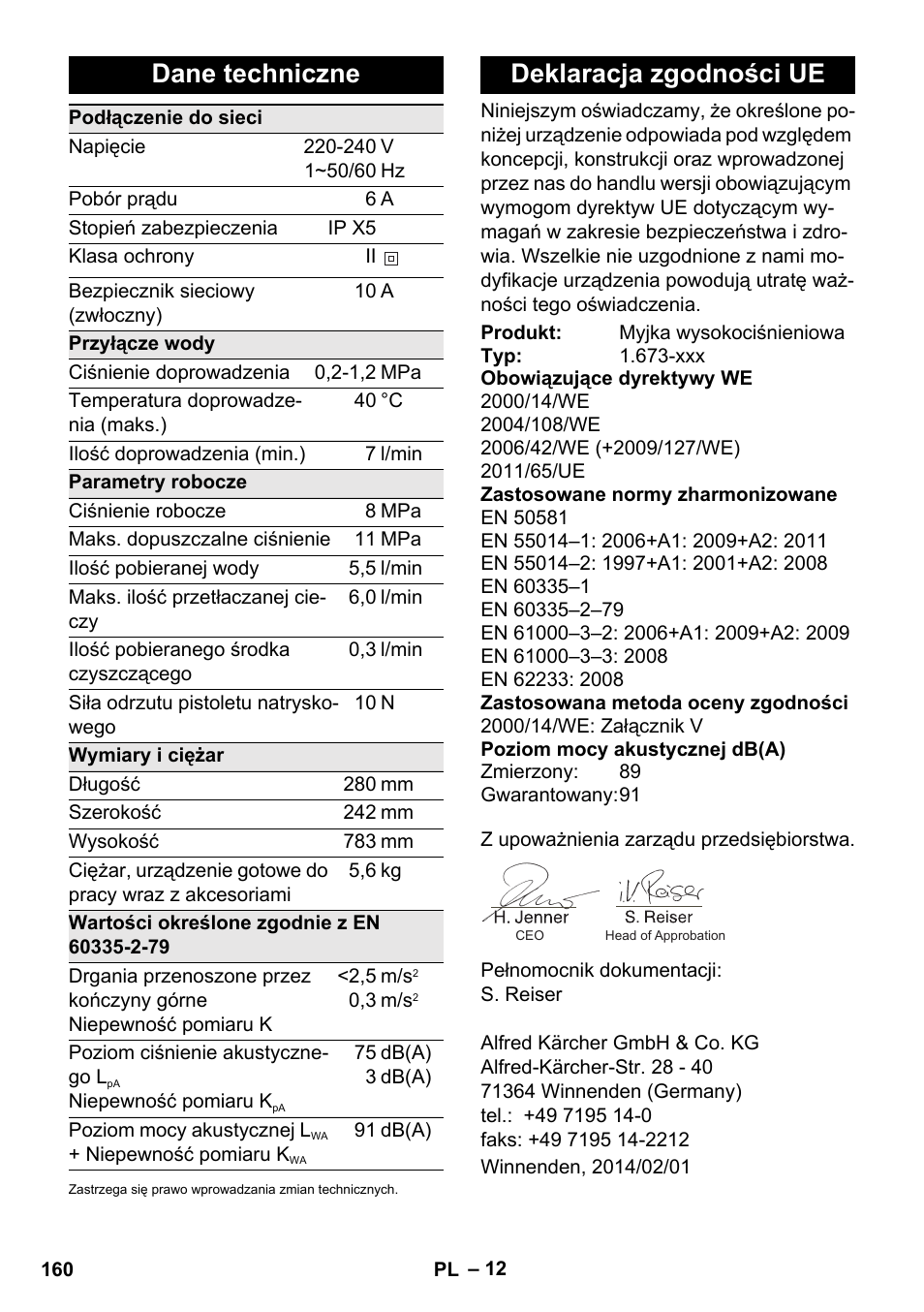 Dane techniczne, Deklaracja zgodności ue | Karcher K 2 Car User Manual | Page 160 / 252