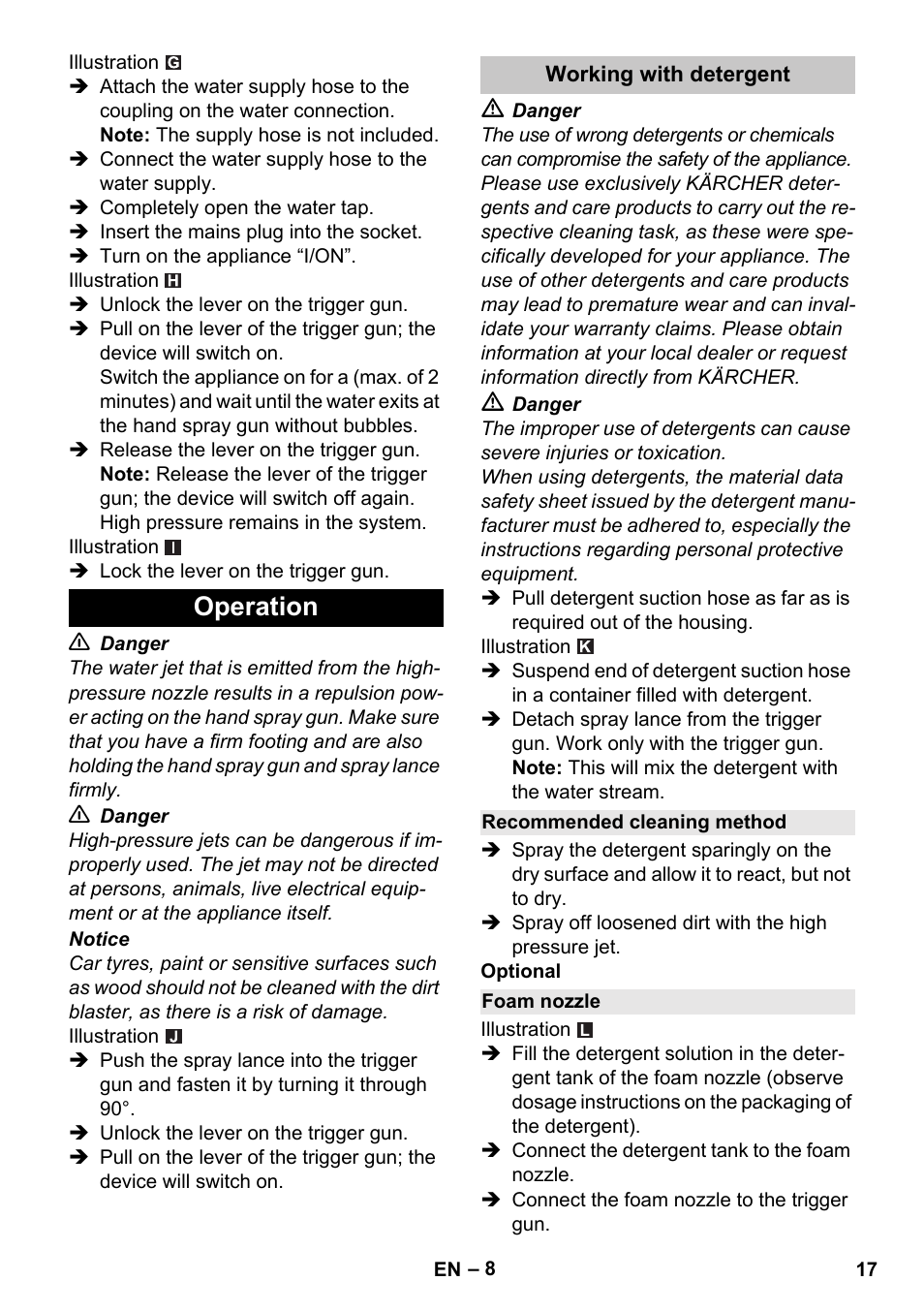 Operation, Working with detergent, Recommended cleaning method | Foam nozzle | Karcher K 2 Car User Manual | Page 17 / 252