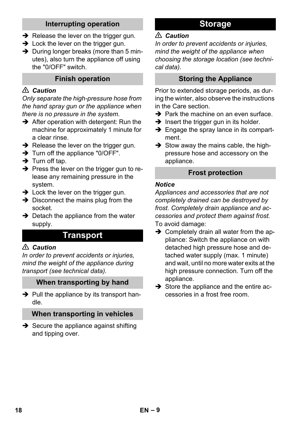 Interrupting operation, Finish operation, Transport | When transporting by hand, When transporting in vehicles, Storage, Storing the appliance, Frost protection | Karcher K 2 Car User Manual | Page 18 / 252