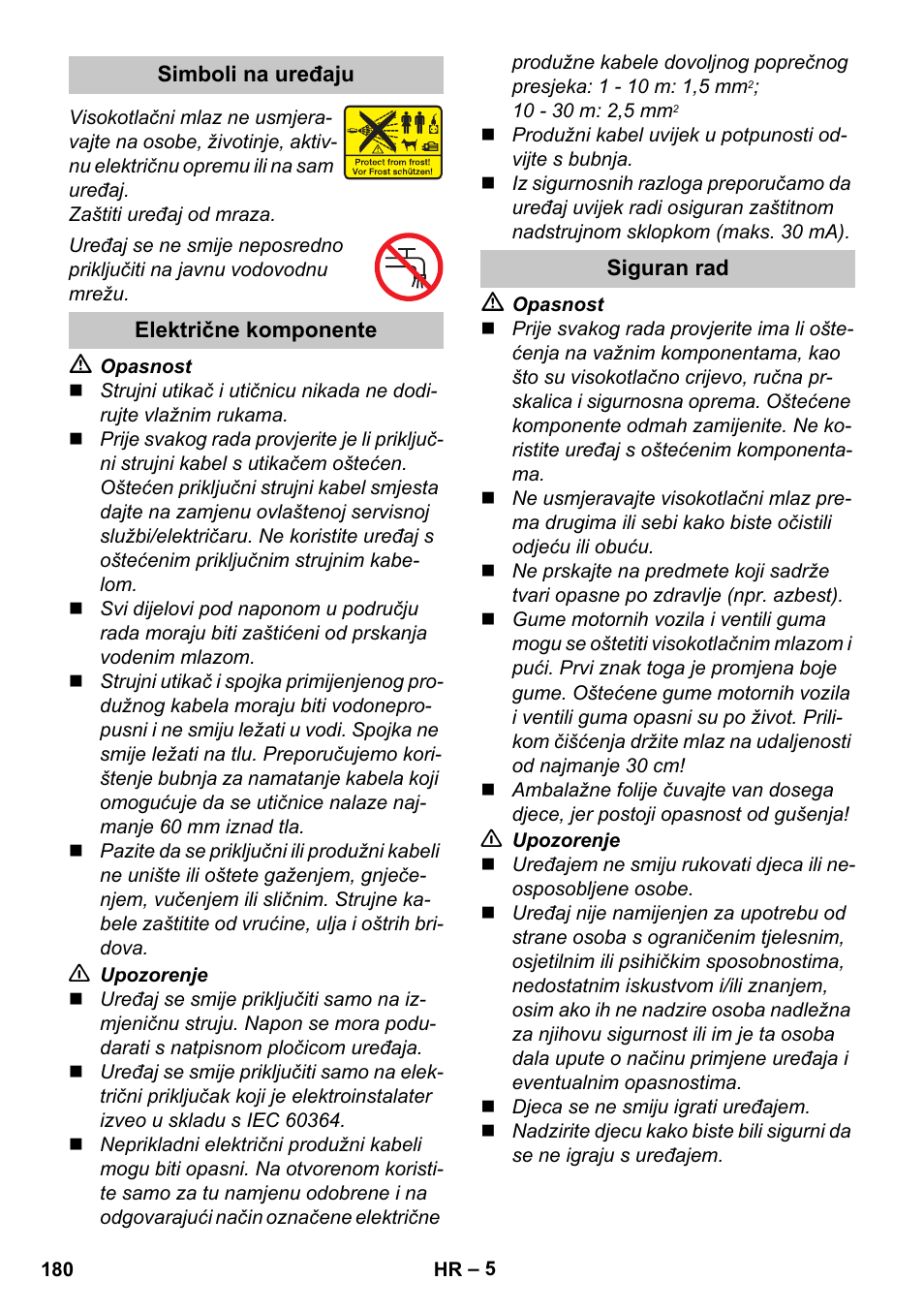 Simboli na uređaju, Električne komponente, Siguran rad | Karcher K 2 Car User Manual | Page 180 / 252