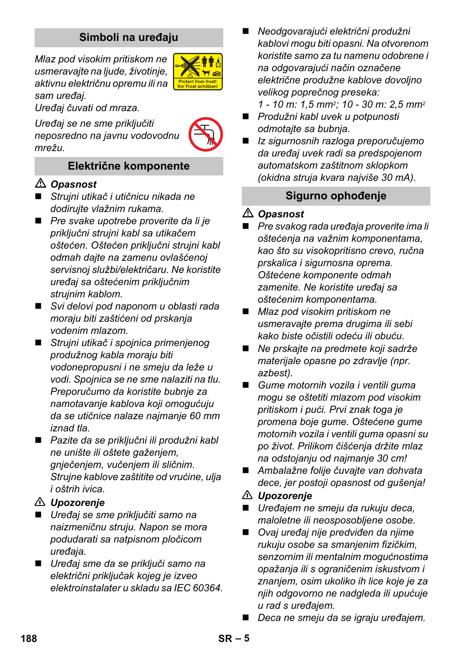 Simboli na uređaju, Električne komponente, Sigurno ophođenje | Karcher K 2 Car User Manual | Page 188 / 252