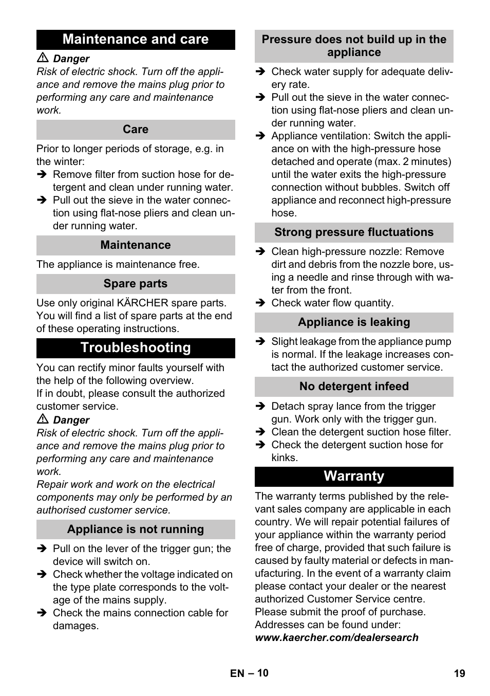 Maintenance and care, Care, Maintenance | Spare parts, Troubleshooting, Appliance is not running, Pressure does not build up in the appliance, Strong pressure fluctuations, Appliance is leaking, No detergent infeed | Karcher K 2 Car User Manual | Page 19 / 252