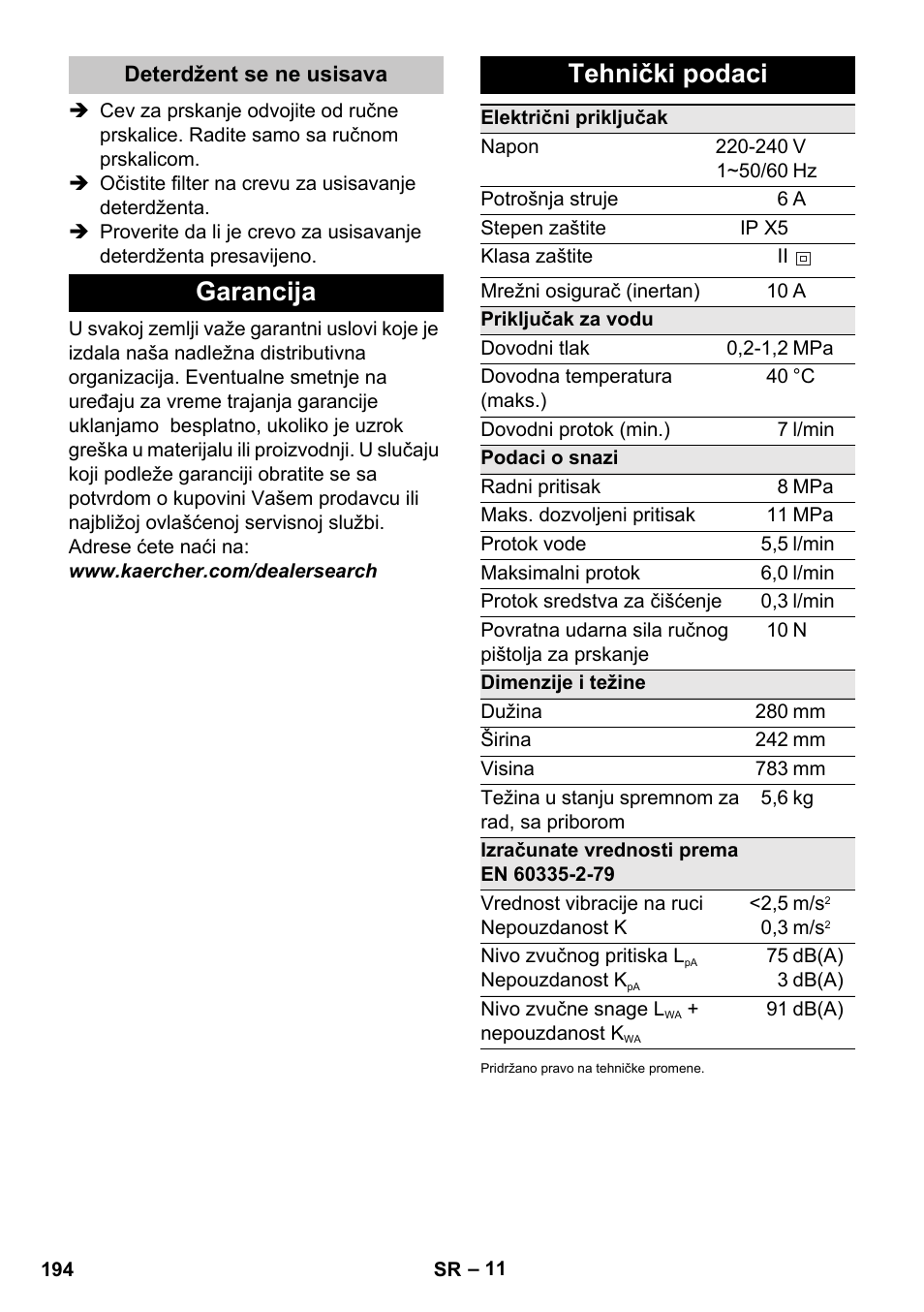 Deterdžent se ne usisava, Garancija, Tehnički podaci | Garancija tehnički podaci | Karcher K 2 Car User Manual | Page 194 / 252