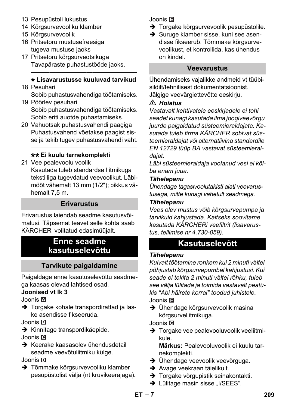 Erivarustus, Enne seadme kasutuselevõttu, Tarvikute paigaldamine | Veevarustus, Kasutuselevõtt | Karcher K 2 Car User Manual | Page 209 / 252