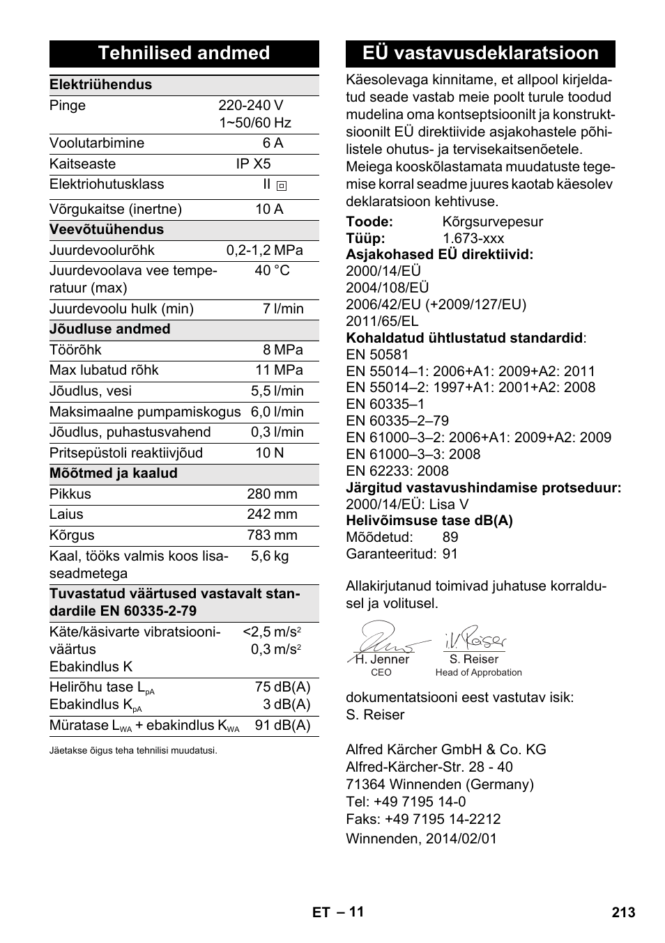 Tehnilised andmed, Eü vastavusdeklaratsioon | Karcher K 2 Car User Manual | Page 213 / 252