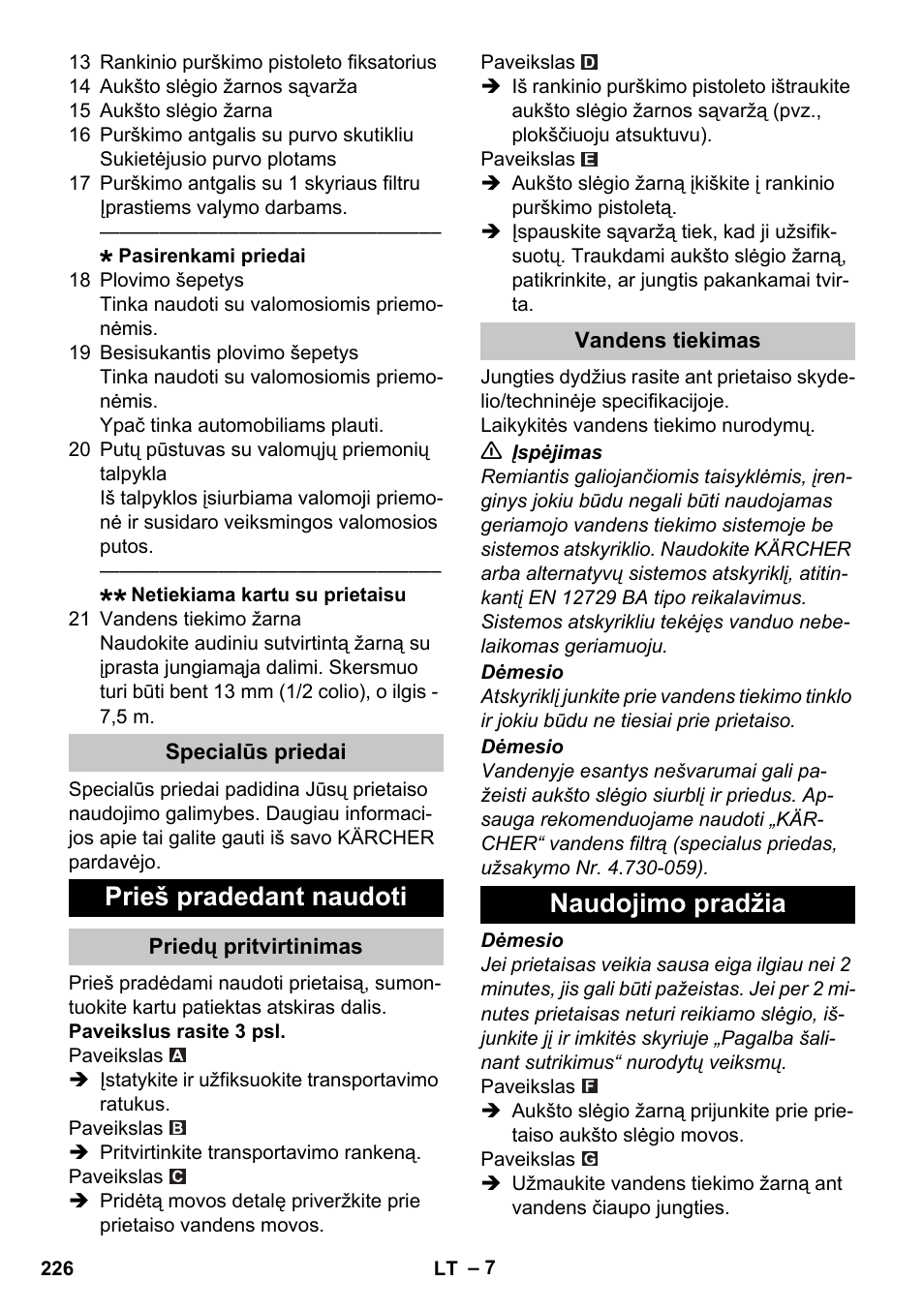 Specialūs priedai, Prieš pradedant naudoti, Priedų pritvirtinimas | Vandens tiekimas, Naudojimo pradžia | Karcher K 2 Car User Manual | Page 226 / 252