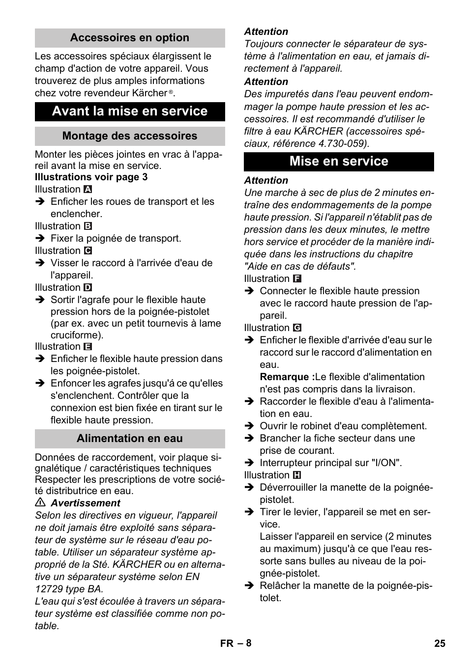 Accessoires en option, Avant la mise en service, Montage des accessoires | Alimentation en eau, Mise en service | Karcher K 2 Car User Manual | Page 25 / 252