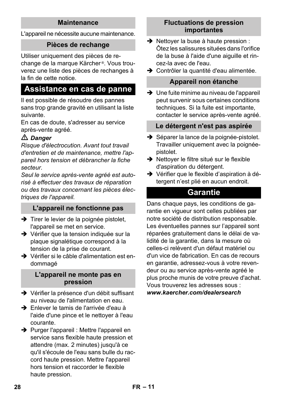 Maintenance, Pièces de rechange, Assistance en cas de panne | L'appareil ne fonctionne pas, L'appareil ne monte pas en pression, Fluctuations de pression importantes, Appareil non étanche, Le détergent n'est pas aspirée, Garantie | Karcher K 2 Car User Manual | Page 28 / 252