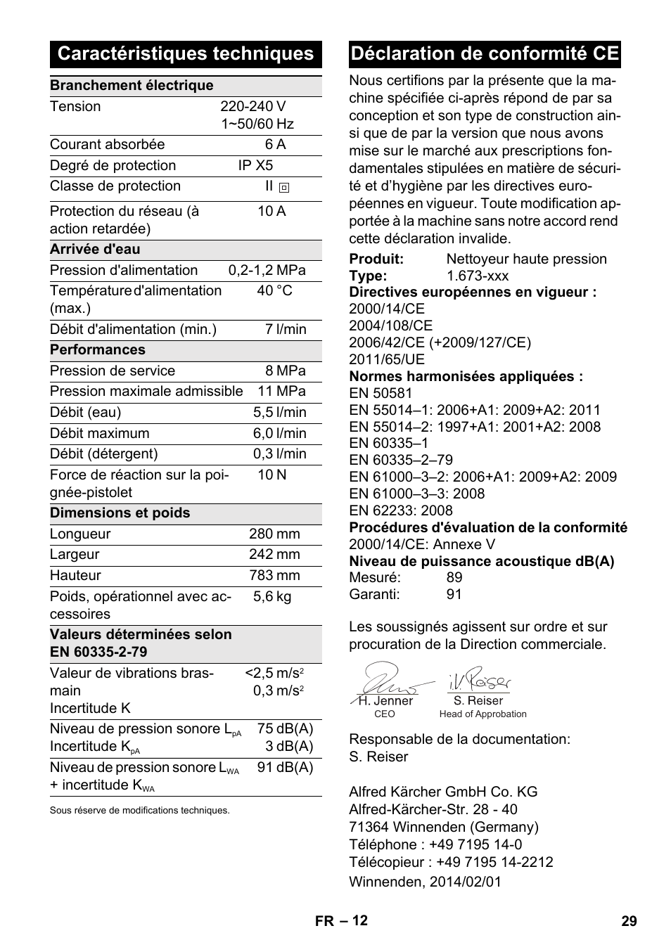 Caractéristiques techniques, Déclaration de conformité ce | Karcher K 2 Car User Manual | Page 29 / 252