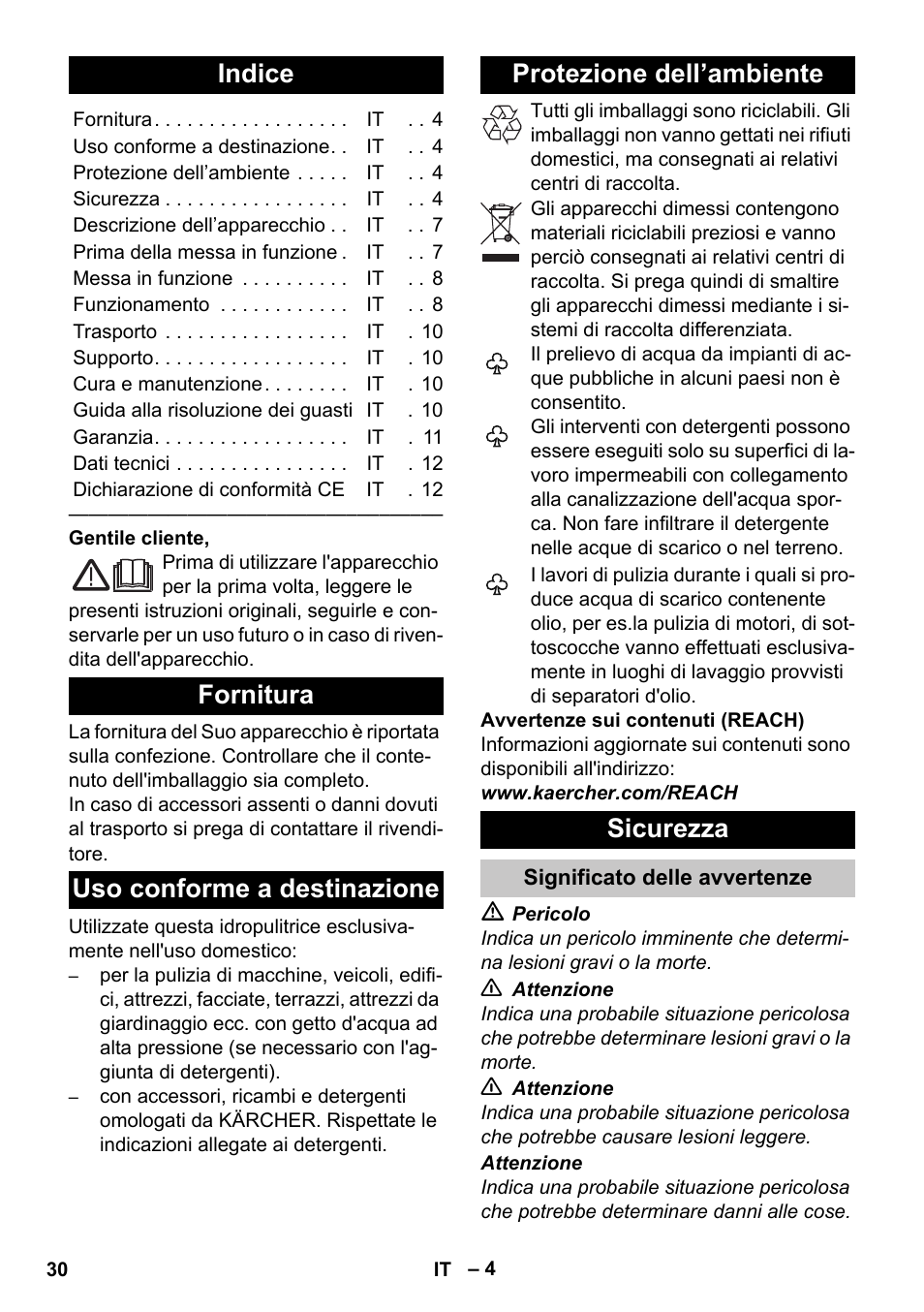 Italiano, Indice, Fornitura | Uso conforme a destinazione, Protezione dell’ambiente, Sicurezza, Significato delle avvertenze | Karcher K 2 Car User Manual | Page 30 / 252