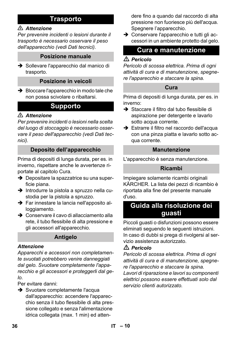 Trasporto, Posizione manuale, Posizione in veicoli | Supporto, Deposito dell’apparecchio, Antigelo, Cura e manutenzione, Cura, Manutenzione, Ricambi | Karcher K 2 Car User Manual | Page 36 / 252