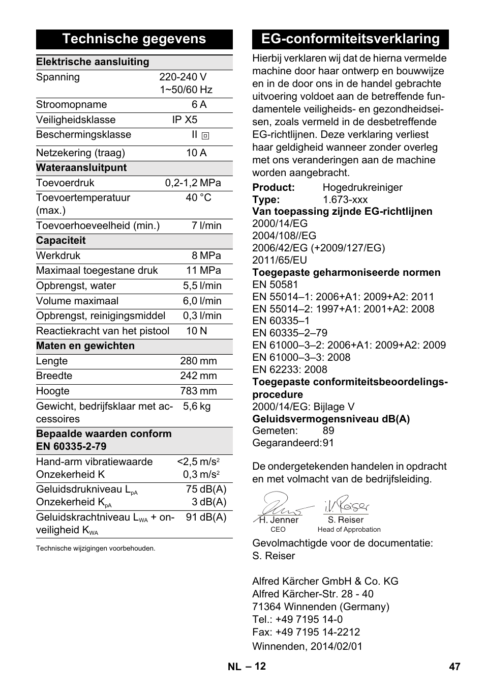 Technische gegevens, Eg-conformiteitsverklaring | Karcher K 2 Car User Manual | Page 47 / 252