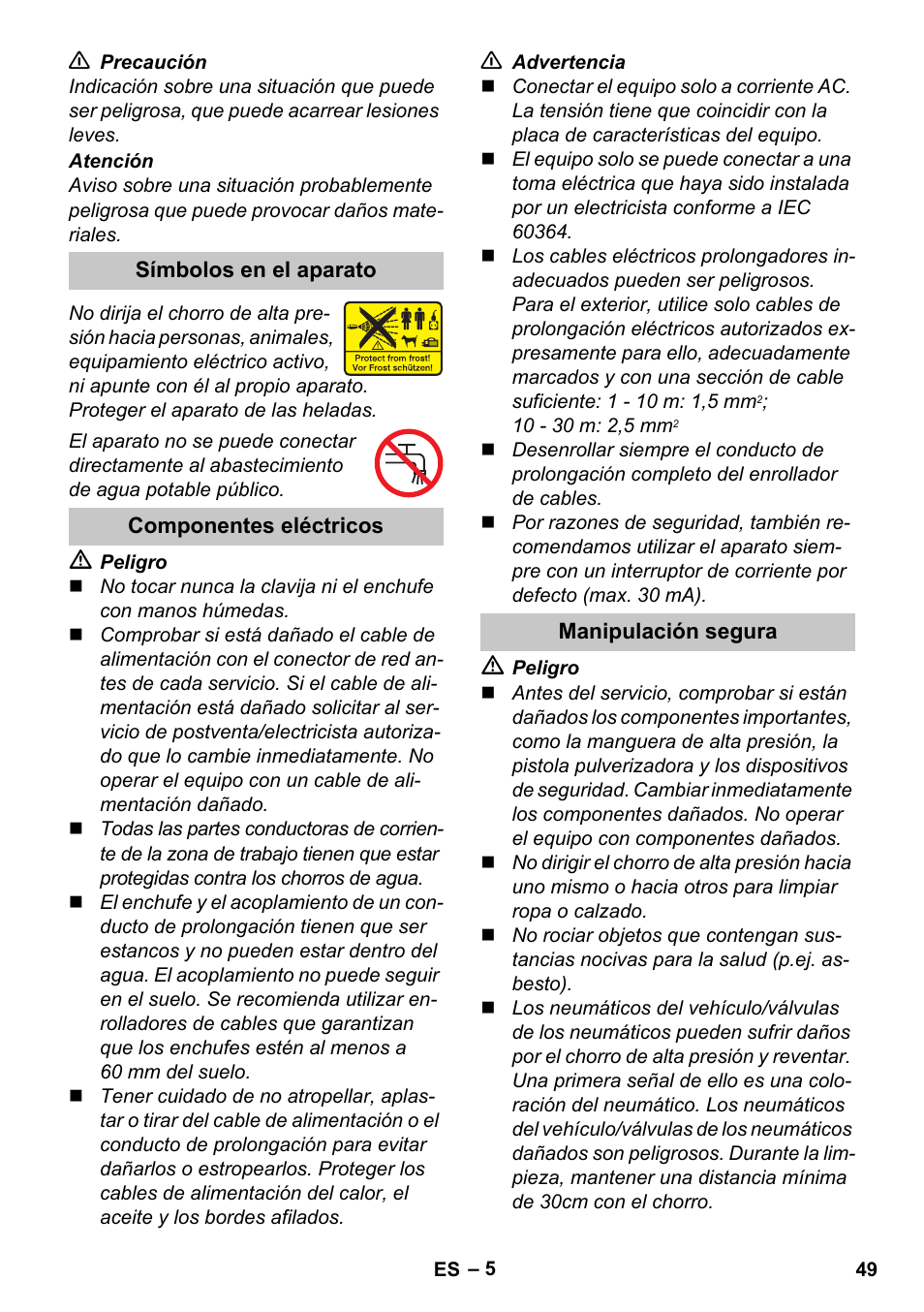 Símbolos en el aparato, Componentes eléctricos, Manipulación segura | Karcher K 2 Car User Manual | Page 49 / 252