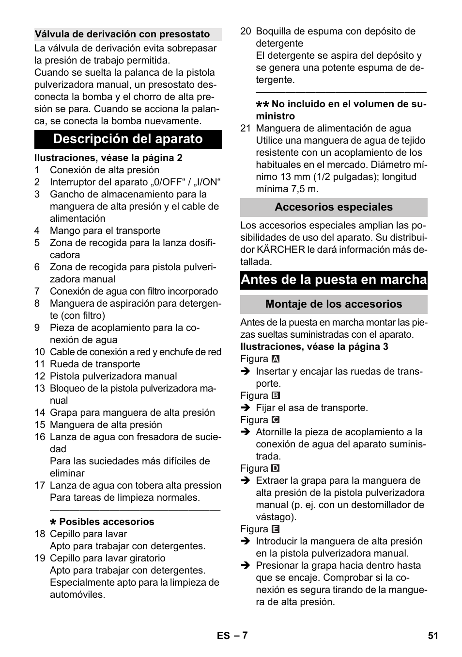 Válvula de derivación con presostato, Descripción del aparato, Accesorios especiales | Antes de la puesta en marcha, Montaje de los accesorios | Karcher K 2 Car User Manual | Page 51 / 252