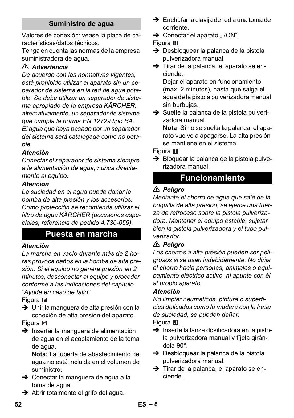 Suministro de agua, Puesta en marcha, Funcionamiento | Puesta en marcha funcionamiento | Karcher K 2 Car User Manual | Page 52 / 252