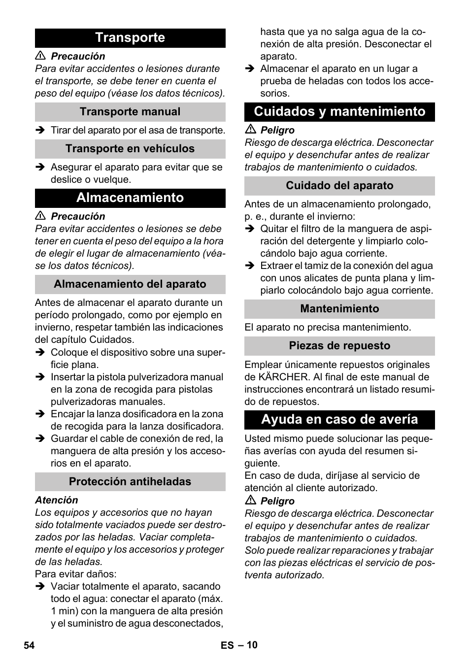 Transporte, Transporte manual, Transporte en vehículos | Almacenamiento, Almacenamiento del aparato, Protección antiheladas, Cuidados y mantenimiento, Cuidado del aparato, Mantenimiento, Piezas de repuesto | Karcher K 2 Car User Manual | Page 54 / 252