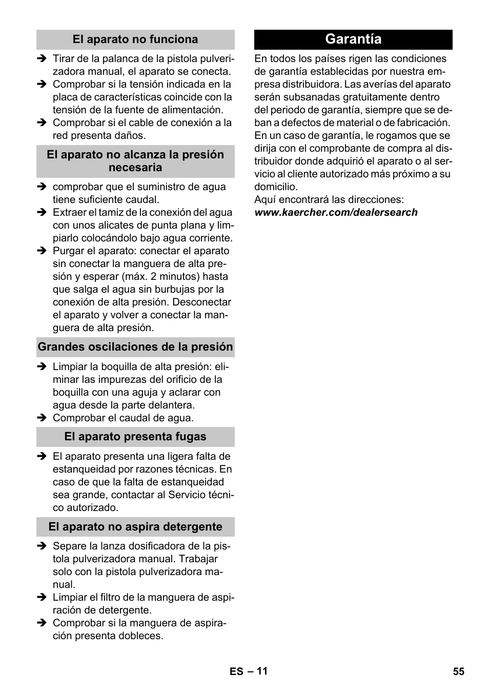 El aparato no funciona, El aparato no alcanza la presión necesaria, Grandes oscilaciones de la presión | El aparato presenta fugas, El aparato no aspira detergente, Garantía | Karcher K 2 Car User Manual | Page 55 / 252