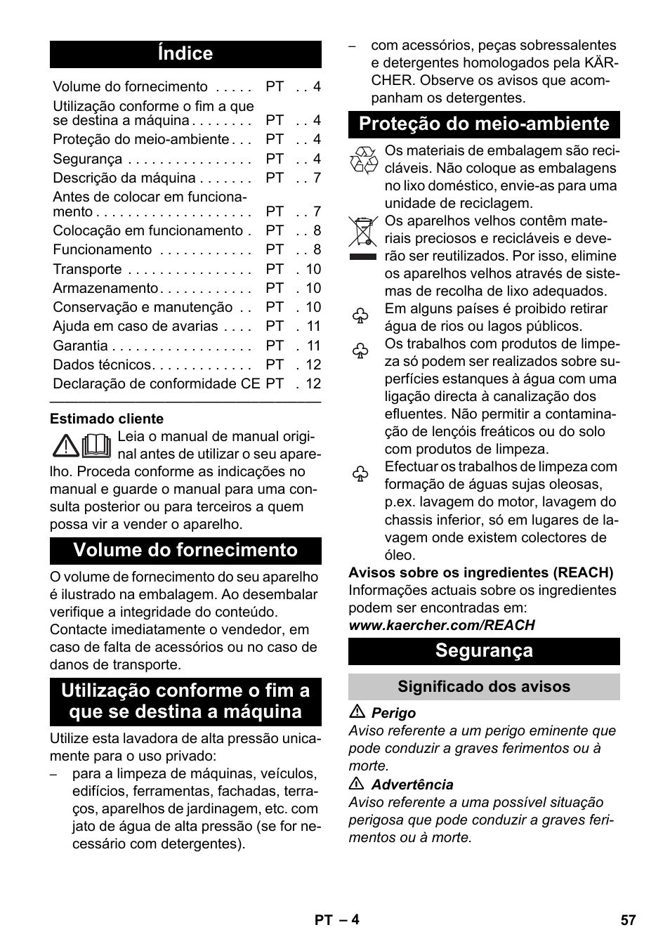 Português, Índice, Volume do fornecimento | Proteção do meio-ambiente, Segurança, Significado dos avisos | Karcher K 2 Car User Manual | Page 57 / 252