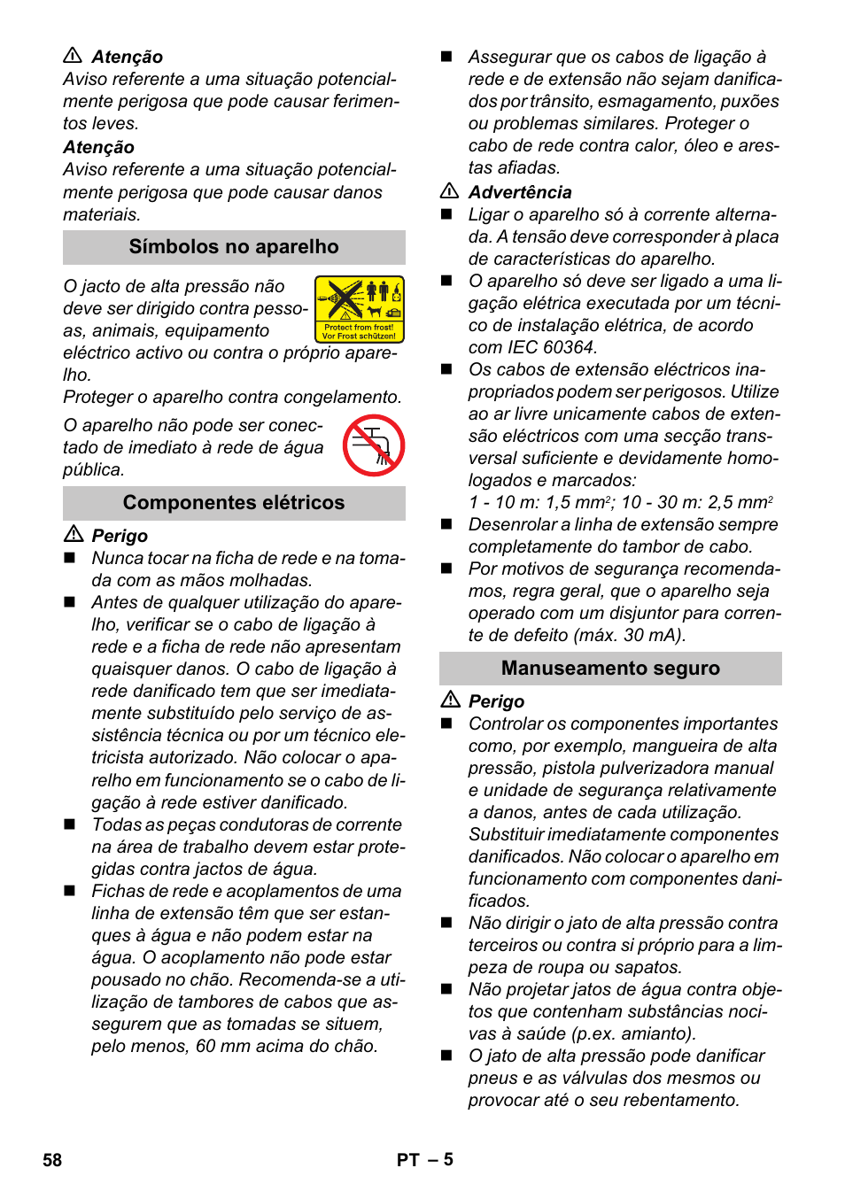 Símbolos no aparelho, Componentes elétricos, Manuseamento seguro | Karcher K 2 Car User Manual | Page 58 / 252