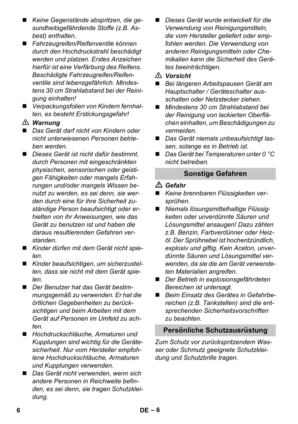 Sonstige gefahren, Persönliche schutzausrüstung | Karcher K 2 Car User Manual | Page 6 / 252