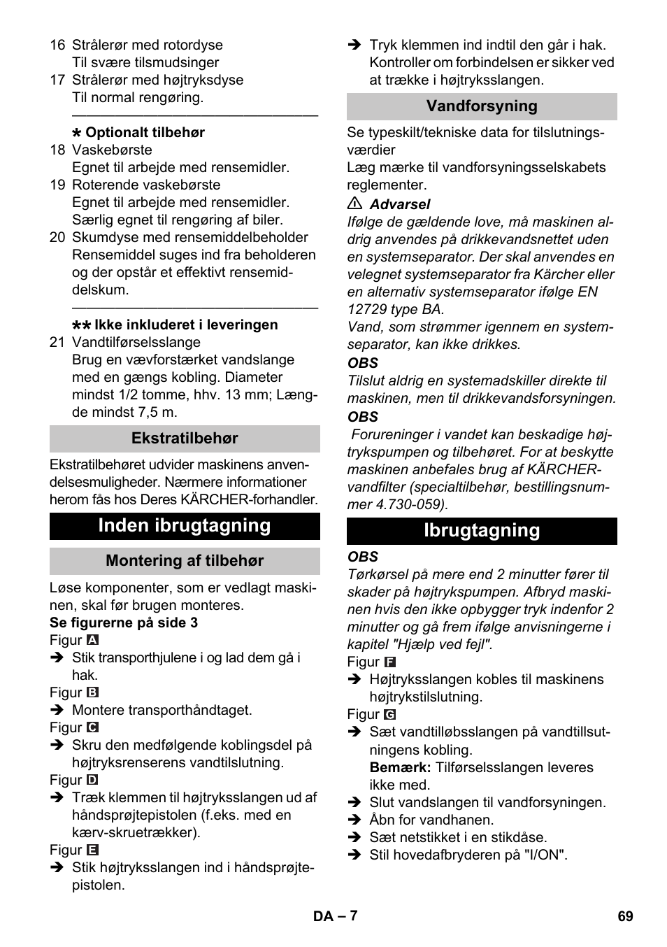 Ekstratilbehør, Inden ibrugtagning, Montering af tilbehør | Vandforsyning, Ibrugtagning | Karcher K 2 Car User Manual | Page 69 / 252