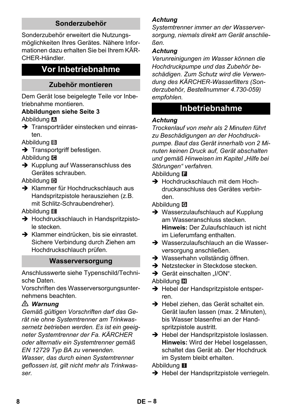 Sonderzubehör, Vor inbetriebnahme, Zubehör montieren | Wasserversorgung, Inbetriebnahme | Karcher K 2 Car User Manual | Page 8 / 252