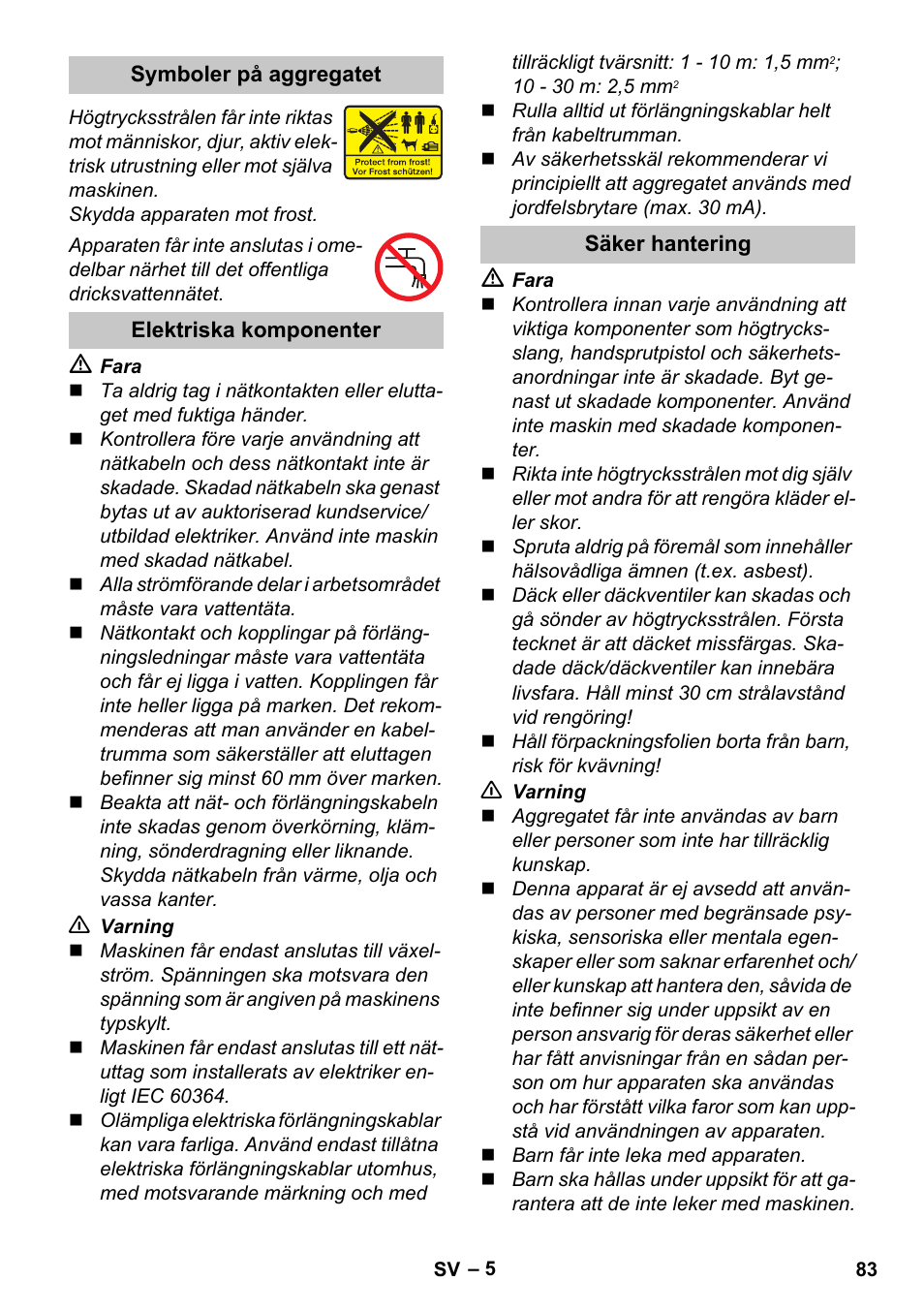 Symboler på aggregatet, Elektriska komponenter, Säker hantering | Karcher K 2 Car User Manual | Page 83 / 252