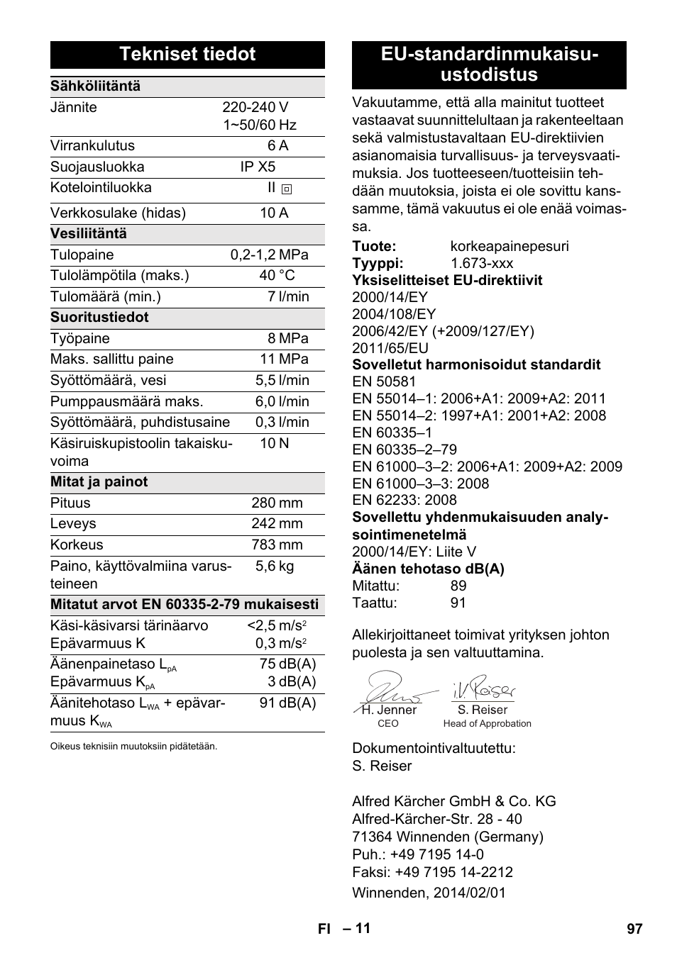 Tekniset tiedot, Eu-standardinmukaisu- ustodistus | Karcher K 2 Car User Manual | Page 97 / 252