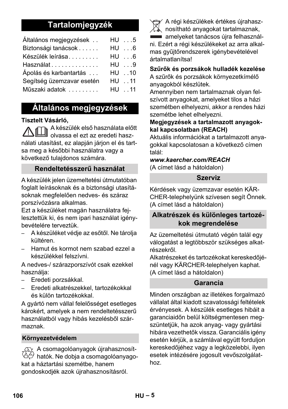 Magyar, Tartalomjegyzék, Általános megjegyzések | Karcher WD 5-500 M User Manual | Page 106 / 212