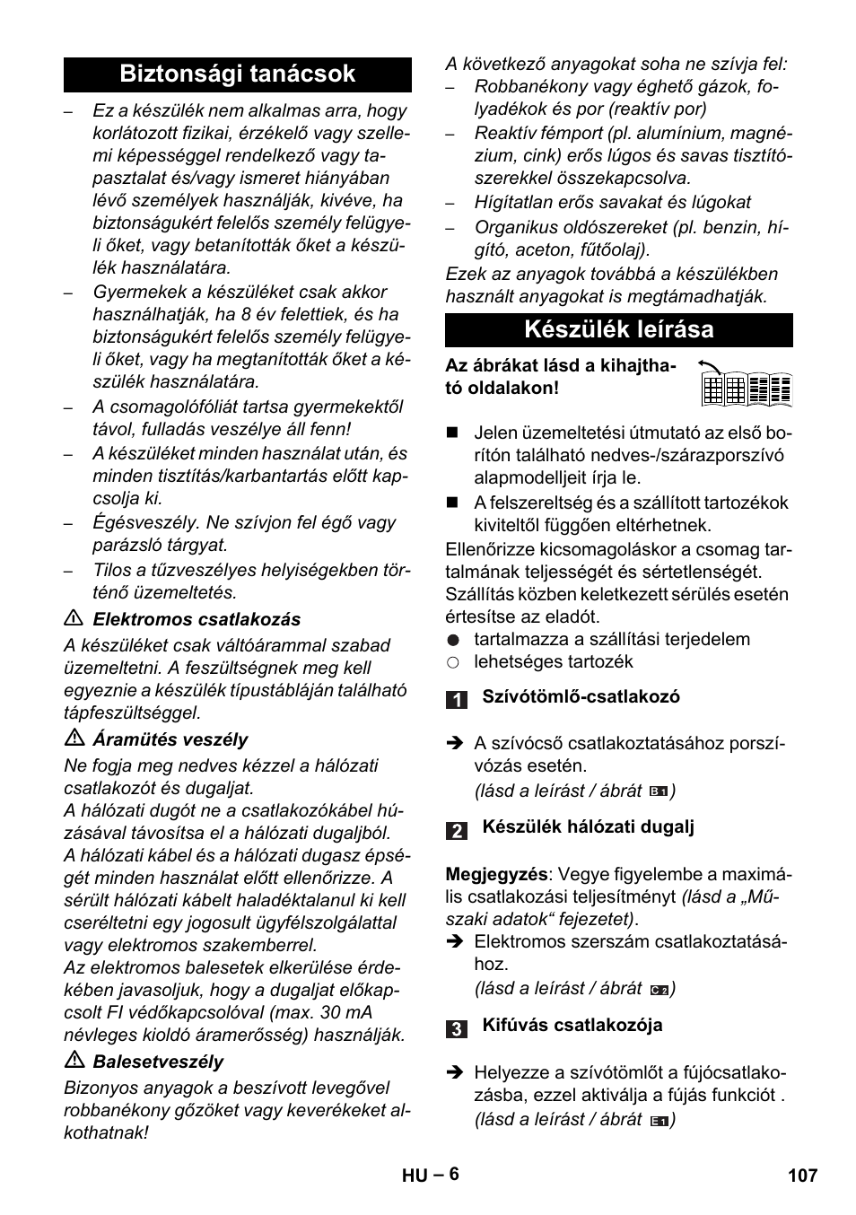 Biztonsági tanácsok készülék leírása | Karcher WD 5-500 M User Manual | Page 107 / 212