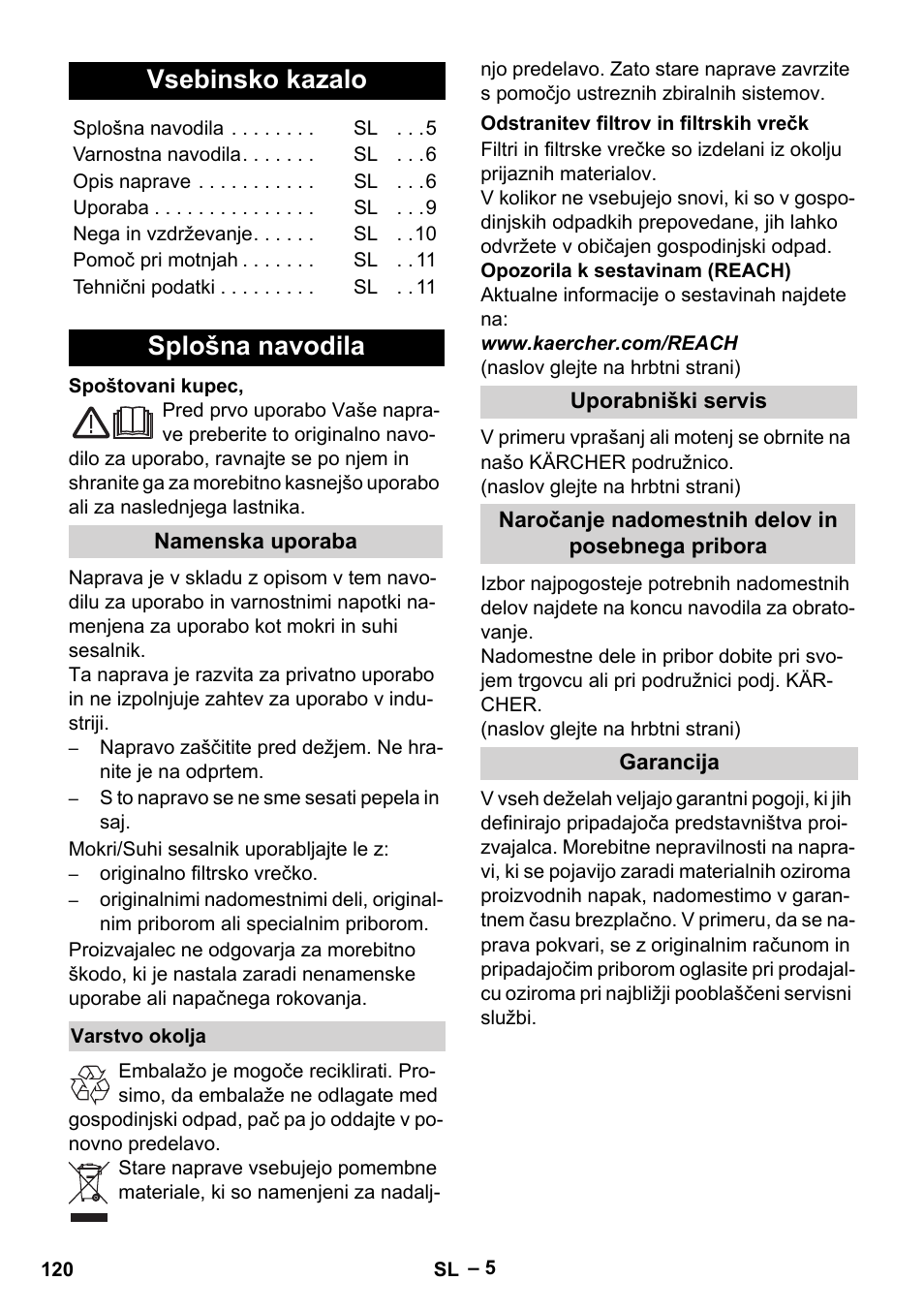Slovenščina, Vsebinsko kazalo, Splošna navodila | Karcher WD 5-500 M User Manual | Page 120 / 212