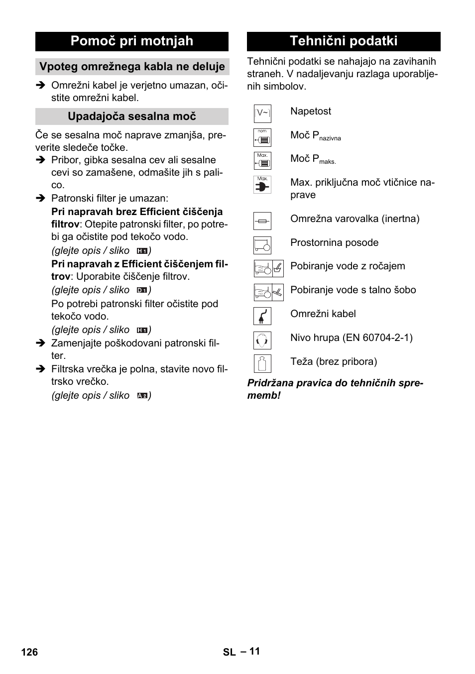 Pomoč pri motnjah, Tehnični podatki | Karcher WD 5-500 M User Manual | Page 126 / 212