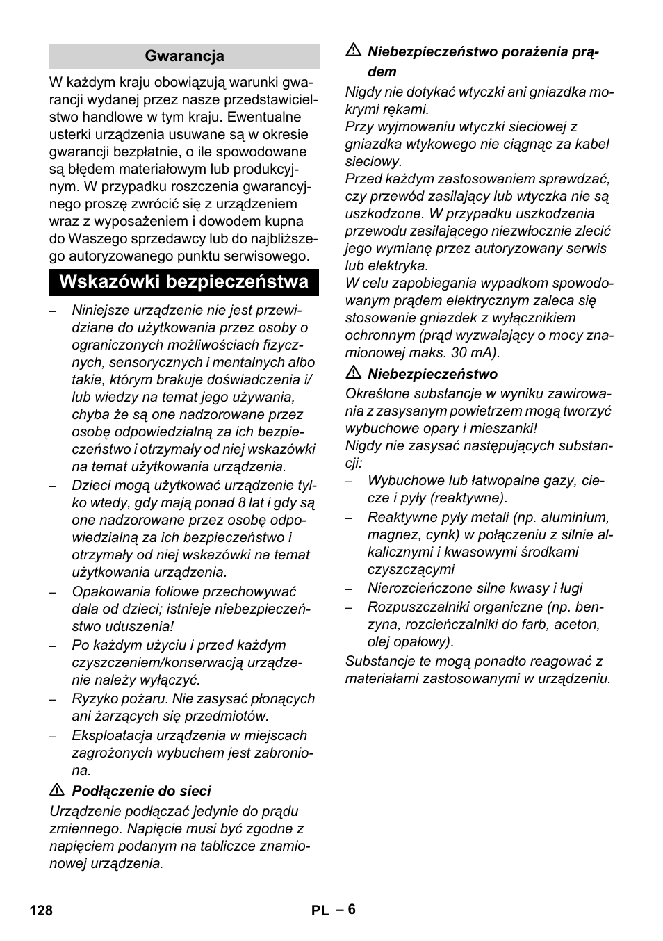 Wskazówki bezpieczeństwa | Karcher WD 5-500 M User Manual | Page 128 / 212