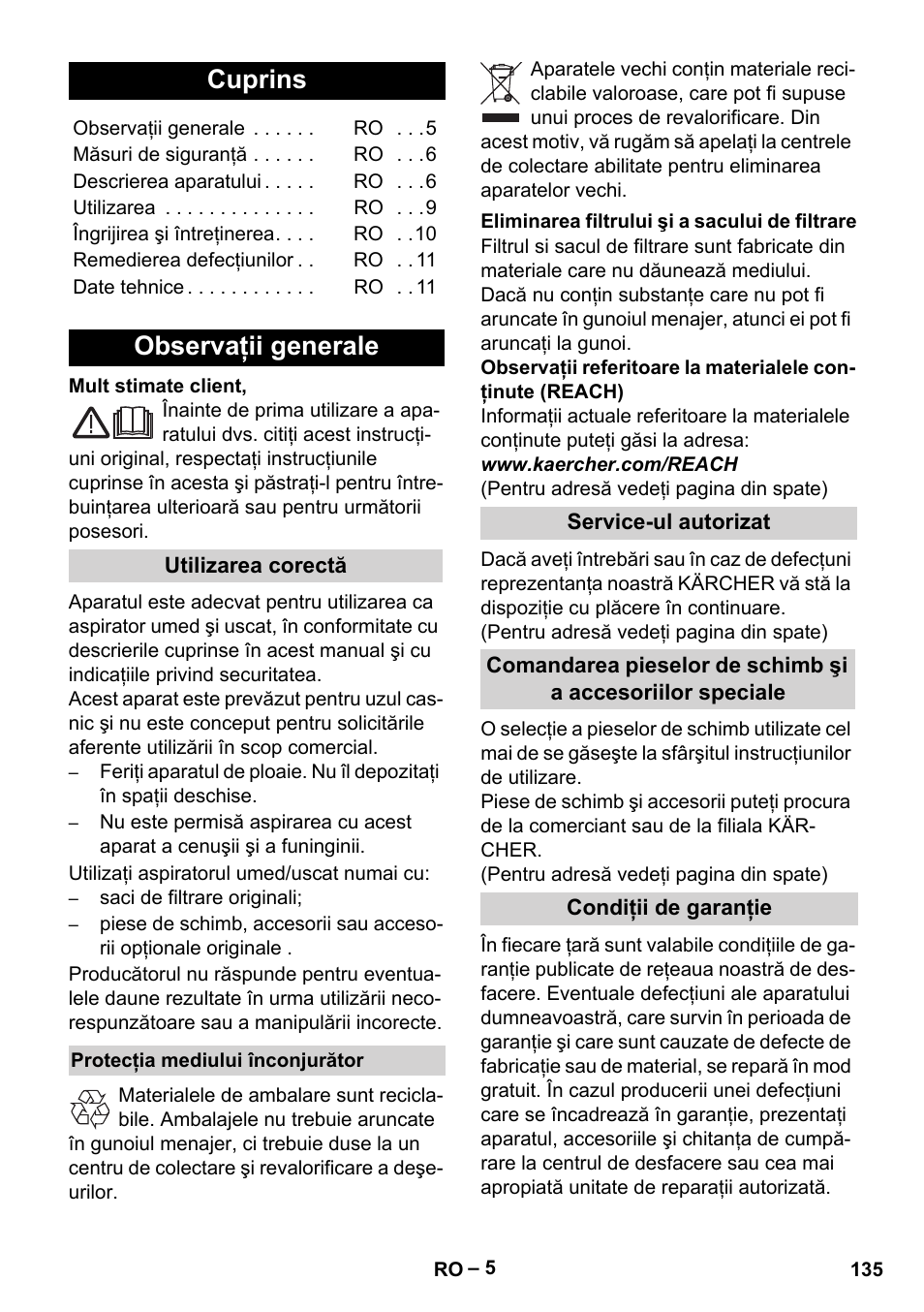 Româneşte, Cuprins, Observaţii generale | Karcher WD 5-500 M User Manual | Page 135 / 212