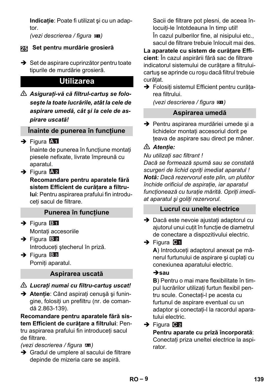 Utilizarea | Karcher WD 5-500 M User Manual | Page 139 / 212