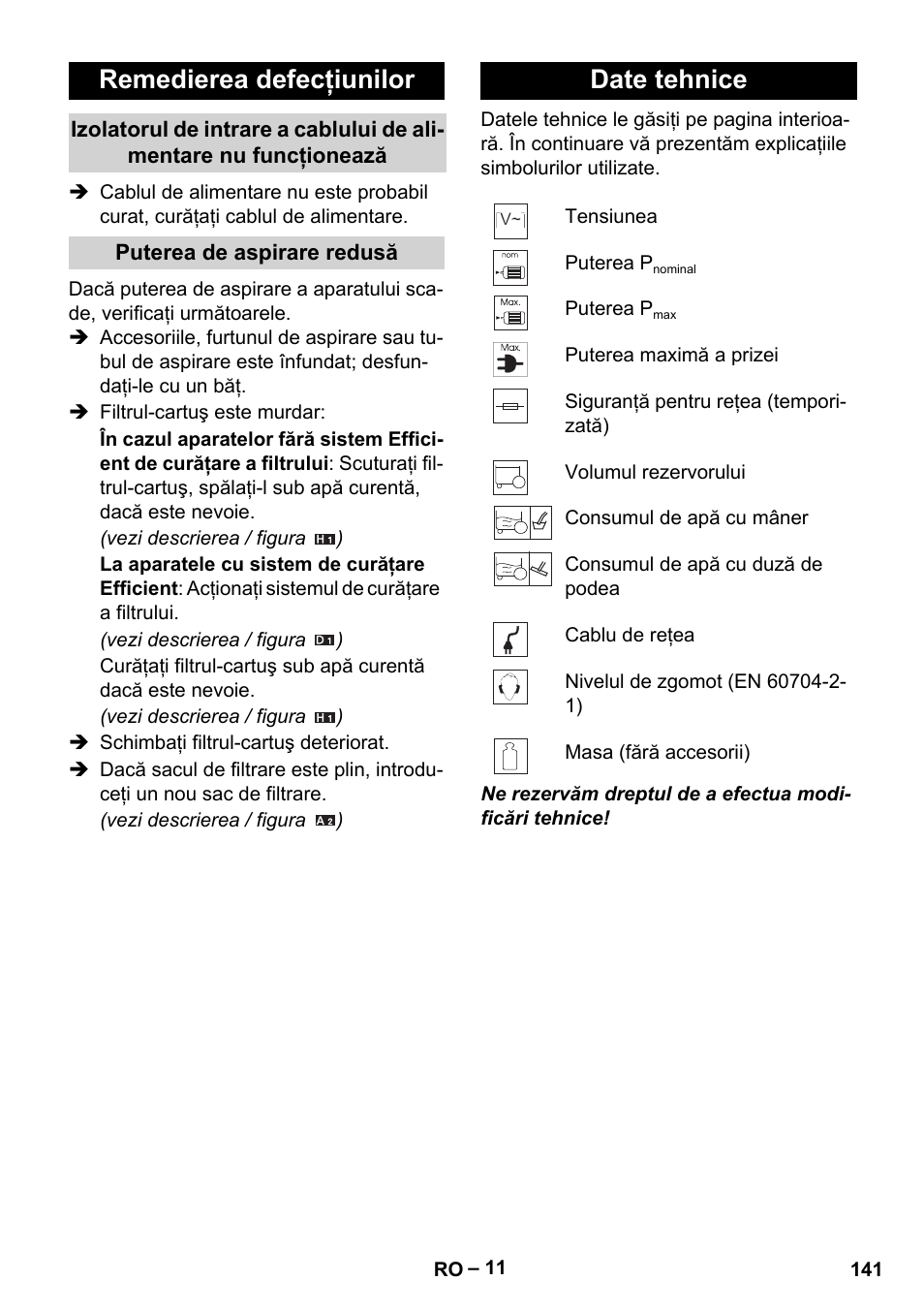 Remedierea defecţiunilor, Date tehnice | Karcher WD 5-500 M User Manual | Page 141 / 212