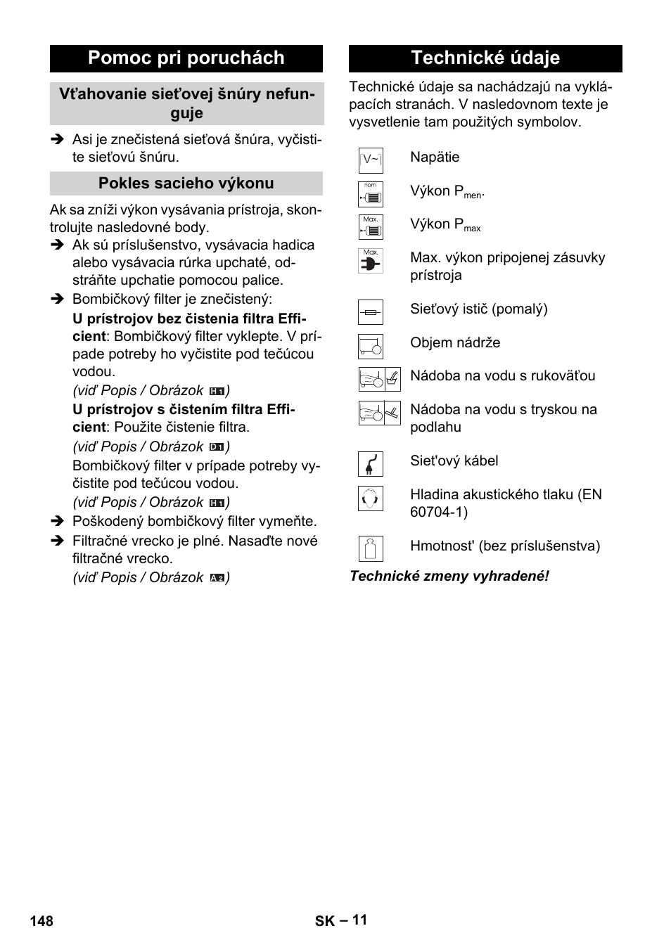 Pomoc pri poruchách, Technické údaje | Karcher WD 5-500 M User Manual | Page 148 / 212