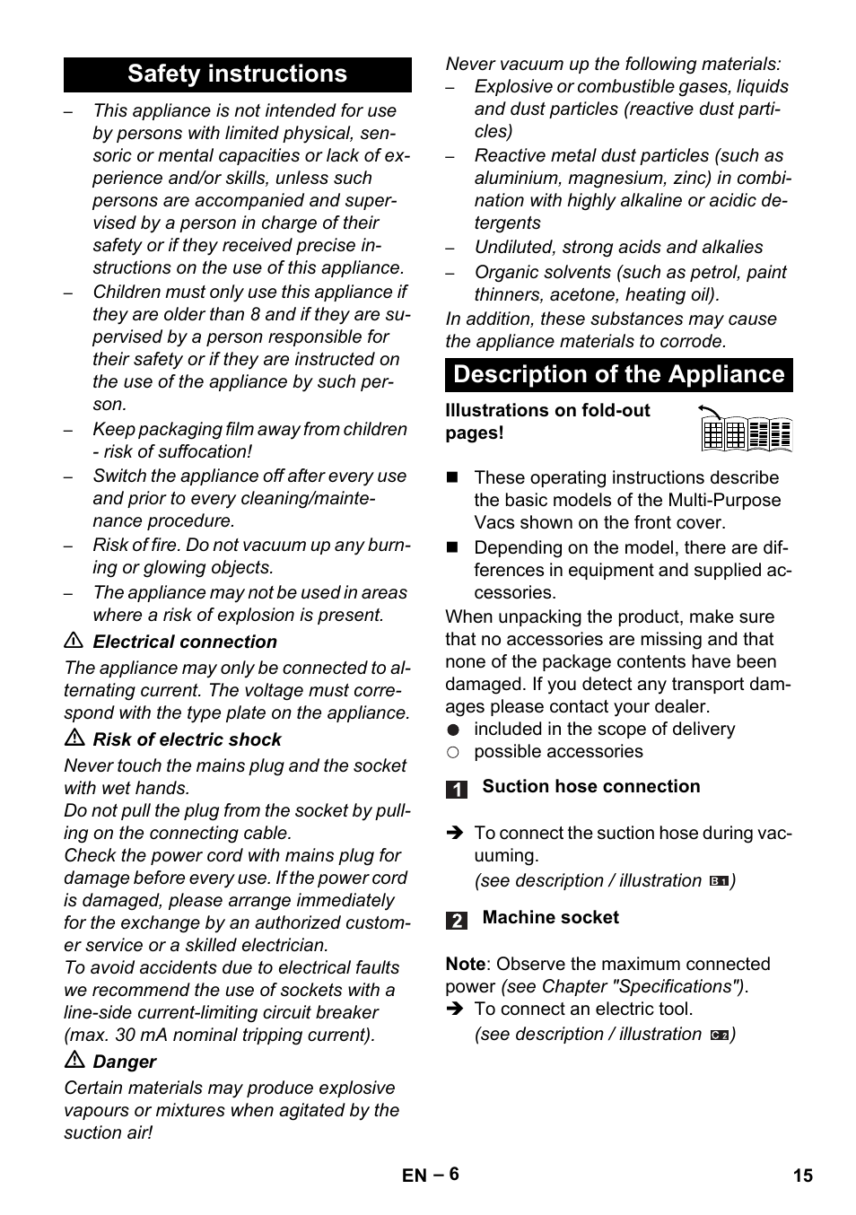 Safety instructions description of the appliance | Karcher WD 5-500 M User Manual | Page 15 / 212