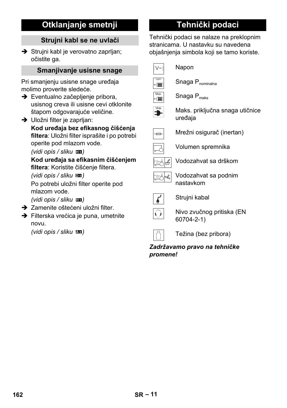 Otklanjanje smetnji, Tehnički podaci | Karcher WD 5-500 M User Manual | Page 162 / 212