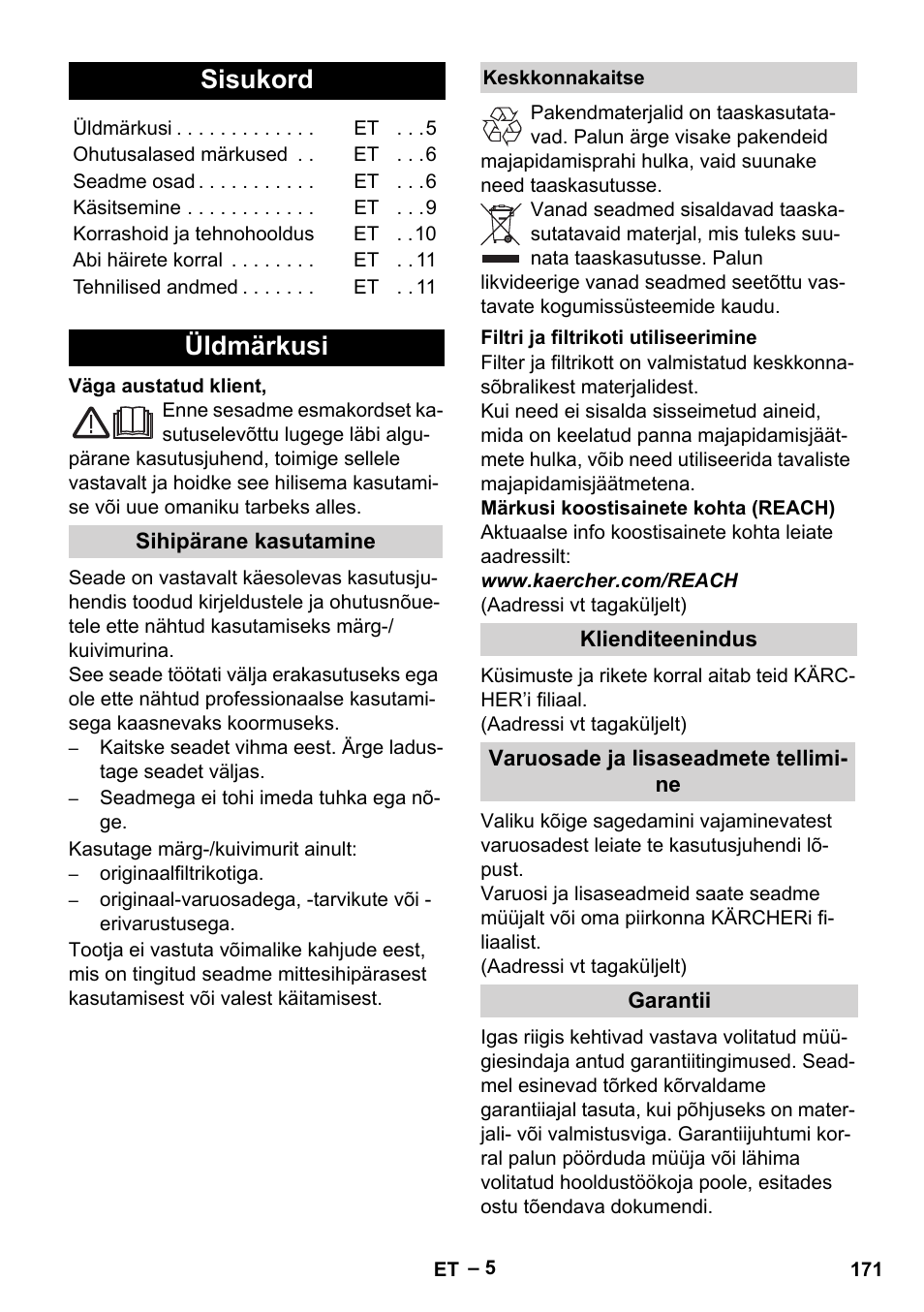 Eesti, Sisukord, Üldmärkusi | Karcher WD 5-500 M User Manual | Page 171 / 212